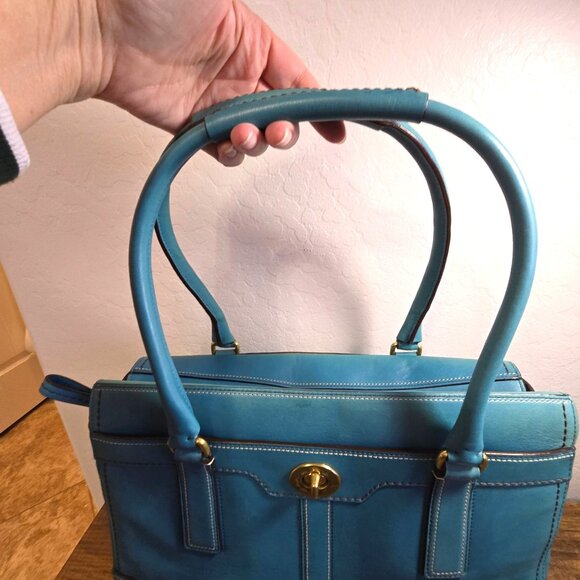 Vintage Coach Hampton Turn Lock Teal/Turquoise Leather Carry All Satchel Bag - Picture 10 of 16